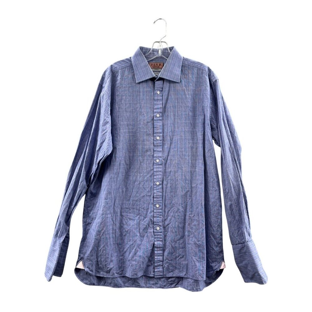 Thomas Pink Dress Shirt Blue Pink Long Sleeve Button Up Requires Cufflinks 16.5